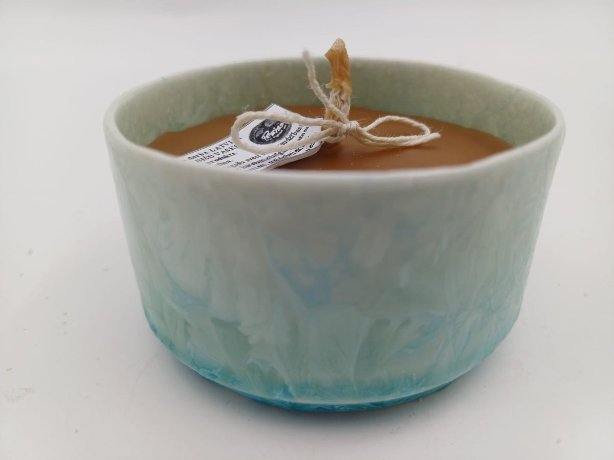 Glacier blue crystalline handmade ceramic beeswax candle