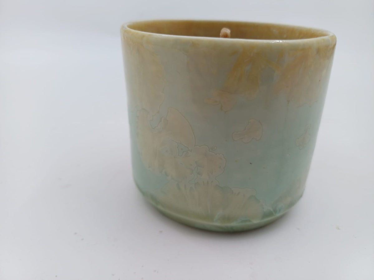 Seafoam ceramic beeswax candle front view