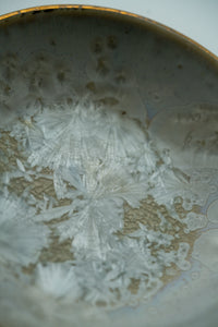 Close detail of white crystalline petals in the ivory glaze